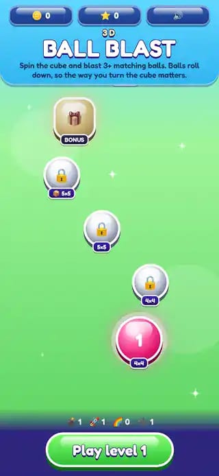 3D Ball Blast: banekortet med niveauer, bonusniveau og knappen Play level 1