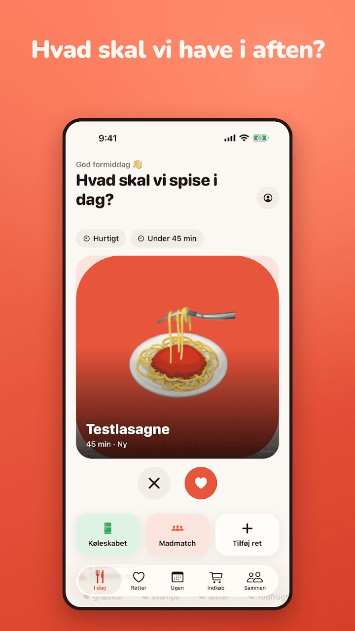 Forsiden med dagens forslag til aftensmad og knapper til ja og nej
