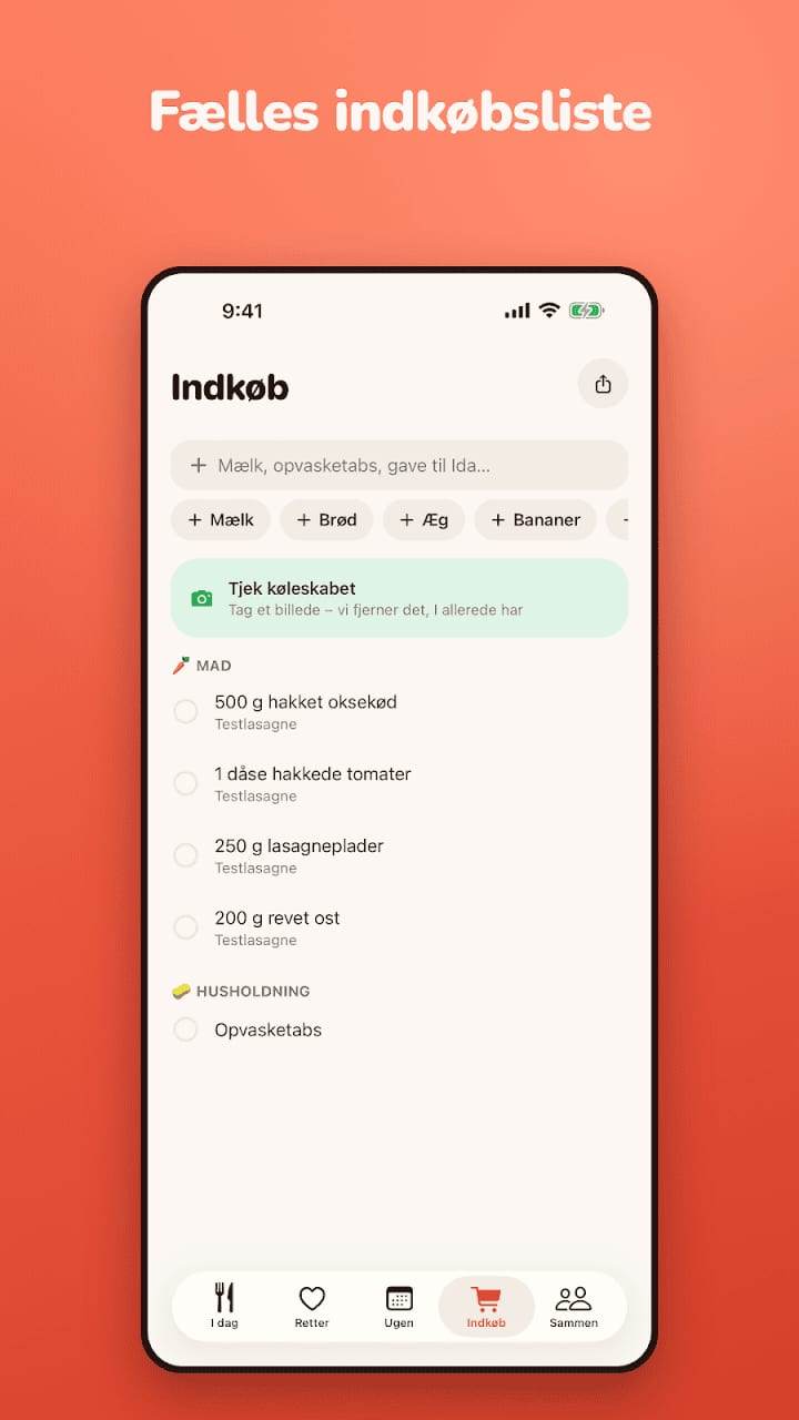 Den fælles indkøbsliste med varer fra ugens retter